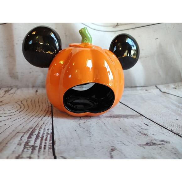 Disney Mickey Mouse Jack O Lantern Ceramic Votive Candle Holder Ear Swirls - Picture 7 of 7